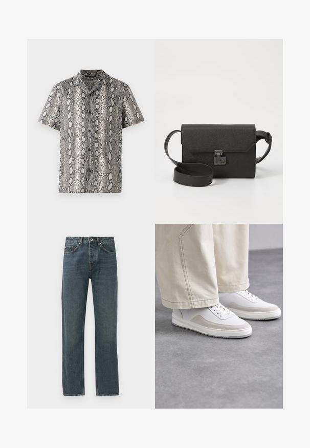 Kortærmet skjorte i sort og hvid med slangeskinds mønster, med en notched krave og knapfront detalje. Lavet af letvægts stof.; Mørkeblå denimjeans med lige ben, der har fem lommer, knaplukning og kontrasterende syninger.; Hvide sneakers med en glat læderoverdel, akcentueret med beige ruskind, flade snørebånd og en tekstureret gummisål, sat sammen med lyse, vide bukser.; Sort læder crossover taske med en struktureret overflade, klaplukning, metalhardware og en matchende justerbar rem.