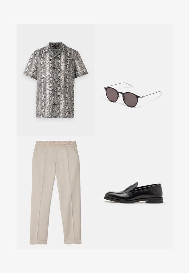 Kortärmad skjorta i svart och vitt med ett ormskinnsmönster, med en inskuren krage och knappframside. Tillverkad av lättviktig tyg.; Filippa K TERRY CROPPED TROUSERS - Tygbyxor - sage melange; Svarta läderloafers med en slät yta, rund tå och ett dekorativt band över främre delen. Låg staplad klack, minimalistisk design.; Svarta runda solglasögon med mörka linser och smala metallarmar. Inkluderar klara tempeltips och silverdetaljer vid gångjärnet. Minimalistisk design.