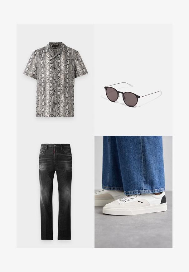Kurzarmhemd in Schwarz-Weiß mit Schlangenledermuster, ausgestattet mit einem eingeschnittenen Kragen und einer Knopfleiste. Aus leichtem Stoff gefertigt.; Schwarze Jeans aus Denim mit geradem Schnitt. Verfügt über ausgebleichte Bereiche, leichte Abnutzung, klassisches Fünf-Taschen-Design und einen Knopfverschluss.; Weiße und schwarze Sneaker mit einem Obermaterial aus glattem Leder, strukturierten Akzenten und einer massiven weißen Sohle. Verfügt über ein klassisches Schnürdesign.; Schwarze runde Sonnenbrille mit dunklen Gläsern und schlanken Metallbügeln. Enthält klare Tempelspitzen und silberne Akzente am Scharnier. Minimalistisches Design.