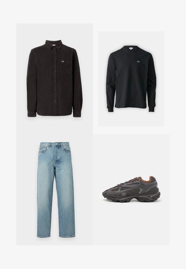 Camicia di velluto a coste nera con maniche lunghe, colletto a polo, tasca frontale e piccolo logo verde sul lato sinistro superiore.; T-shirt a maniche lunghe nera in cotone, con scollatura rotonda e un piccolo logo di coccodrillo ricamato in verde sul lato sinistro del petto.; Jeans di denim azzurro chiaro con una vestibilità ampia, gambe dritte, design a cinque tasche e chiusura con bottone in vita. Dettagli di cucitura minimalista.; Sneaker Lacoste grigie scure in materiale mesh e sintetico, con suola testurizzata e dettagli marroni sul colletto e sul branding.