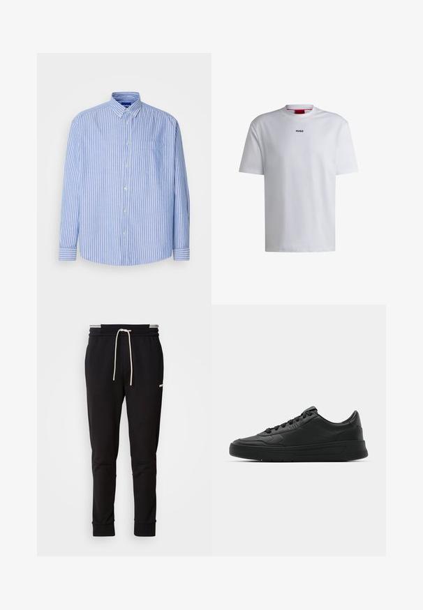 Blå og hvid stribet skjorte med knapper, krave, enkelt brystlomme og lange ærmer, lavet af letvægtsstof.; Hvid bomulds T-shirt med korte ærmer, rund halsudskæring og et sort "HUGO" logo på brystet. Glat tekstur, afslappet pasform, ingen mønstre.; Sorte slim-fit joggingbukser med hvid snor, ribbede manchetter og subtilt logo på den øvre lår mod en ensfarvet baggrund.; Sort sneakers med glat læderoverdel, rund tå, flade snørebånd, polstret krave og minimalistisk design. Gummisål med subtilt mønster.