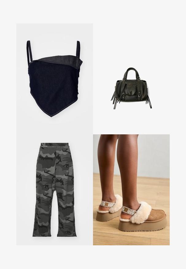 Farmer bralette, testre simuló dizájnnal. Sötétkék anyag világosabb, szögletes panellel. Állítható vállpántok és látható varrási részletek.; Fekete és szürke árnyalatú álcázott melegítőnadrág, elasztikus derékkal, laza szabással és enyhe hasítékokkal a lábak alján.; Barna platform papucs, prémes pánttal és puha bézs szőrme díszítéssel. A pánton logó található, valamint texturált talp.; Fekete bőrtáska fonott füllel, cipzáras zsebbel és lógó bojtokkal. Texturált felület fém szegecsekkel és hardver díszítésekkel.