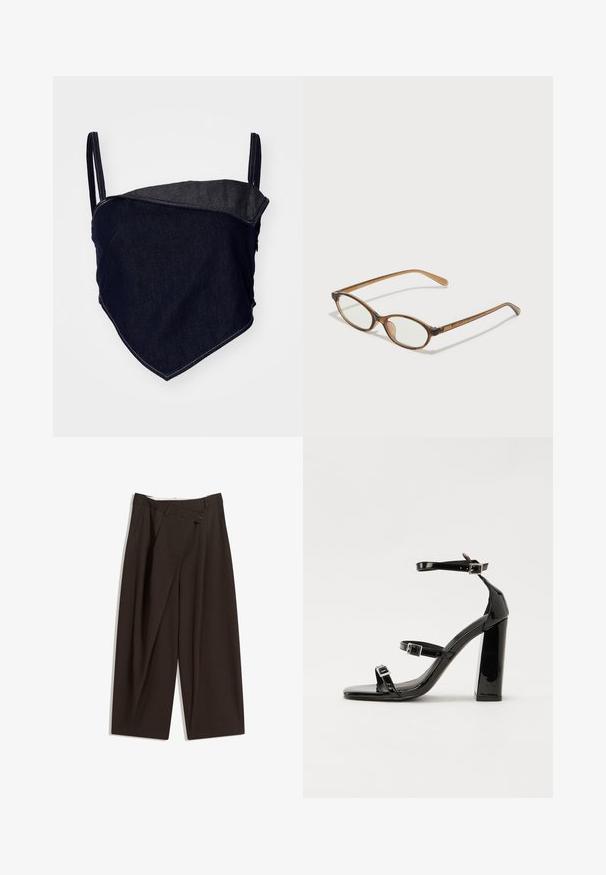 Bralette in denim con design aderente. Tessuto blu scuro con un pannello angolare più chiaro. Spalline regolabili e dettagli di cucitura visibili.; Pantaloni a gamba larga marrone scuro con vita alta, dotati di una chiusura con bottone singolo e una parte anteriore plissettata. Realizzati in tessuto leggero.; Sandali con tacco in vernice nera, con punta squadrata, cinturini alla caviglia e fibbie in argento. Presentano un tacco a blocco spesso per maggiore stabilità.; Occhiali tortoiseshell marroni con lenti ovali, aste sottili e dettagli trasparenti. Presentano un logo sottile sulla tempia. Design elegante e leggero.