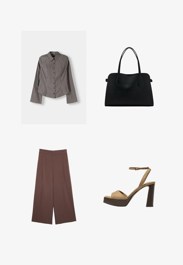 Pasiasta koszula z długim rękawem w brązowo-białe paski, z punktowym kołnierzykiem i zaokrąglonym dołem. Teksturowana tkanina z pionowymi paskami.; Brązowe spodnie o szerokich nogawkach z gładką fakturą, z wysokim stanem i plisami z przodu. Materiał jest lekki i luźno opada.; Beżowe zamszowe sandały na wysokim obcasie z szerokim paskiem z przodu i paskiem za kostkę, z masywnym drewnianym obcasem o teksturowanym wykończeniu.; Czarna skórzana torba na ramię z podwójnymi paskami, prostokątny kształt i minimalistyczny design na białym tle.
