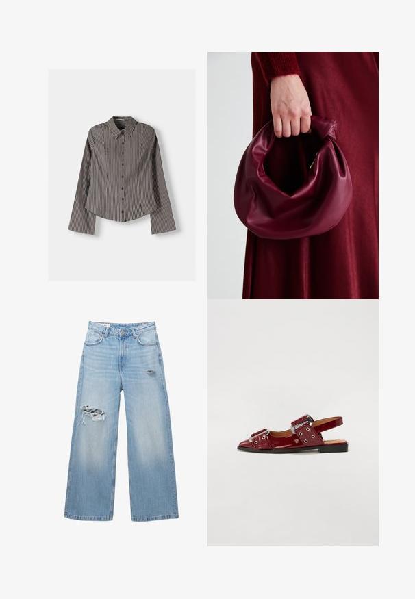 Csíkos gombos ing barna és fehér színben, hosszú ujjakkal, hegyes gallérral és ívelt aljjal. Texturált anyag, függőleges csíkokkal.; Világoskék, bő szárú farmernadrág, amelynek térdén megviselt részek találhatók és öt zsebes kialakítású. Tiszta, egyenes szegély.; Burgundi lakkbőr slingback cipők hegyes orral, két állítható csatolt pánttal és ezüst színű részletekkel.; Burgundi bőrtáska puhán ráncolt dizájnnal és kerek alakban. A fogantyú rögzítve van, sima textúrával rendelkezik.; Arany szövetpántos óra fekete kerek számlappal, minimalista indexekkel és ezüst koronával; 12 óra pozícióban logóval rendelkezik.