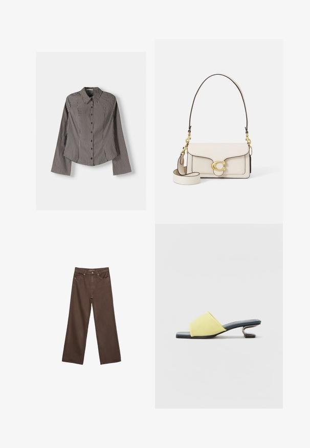 Stribet skjorte i brun og hvid med lange ærmer, spids krave og buet kant. Struktureret stof med lodrette striber.; Bredde ben brun denim jeans med høj talje, forlommer og klassisk knaplukning. Glat tekstur med diskret syninger.; Gul ruskinds mule slip-on sko med firkantet tå og en metallisk, buet hæl. Sålen er sort, og indersålen har et mønster.; Creme læderhandtaske med en struktureret design, kontrasterende sorte kanter, guldbeslag og en aftagelig strop med et signaturlogo.; Guld mesh rem ur med en sort rund urskive, minimalistiske indeksmarkeringer og en sølv krone; har et logo i 12-timers position.