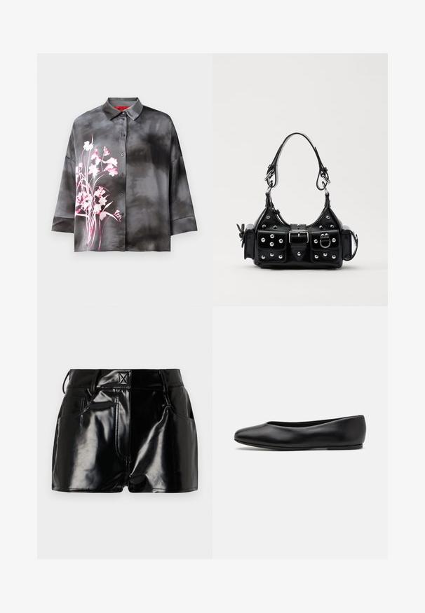 Satijnen blouse in grijs met een roze bloemenpatroon, voorzien van een knoopsluiting aan de voorkant, kraag en driekwart mouwen. Soepele textuur en ontspannen pasvorm.; Zwarte, glanzende shorts van synthetisch materiaal. Heeft een aansluitende taille, riemlussen en voorzakken met opvallende stikseldetails.; Paul Smith TOPANGA - Ballerina's - black; Zwarte lederen handtas met een gebogen ontwerp, voorzien van zilveren studs, een gesp en twee zijvakken. Verstelbare schouderband voor verschillende draagmogelijkheden.