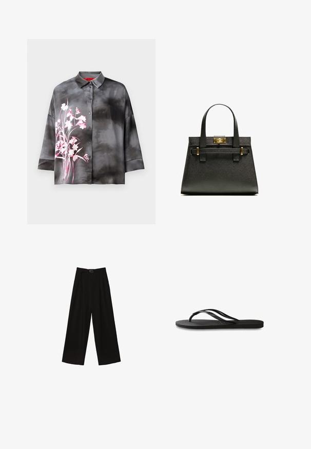 Saténová blůza v šedé barvě s růžovým květinovým vzorem, s knoflíkovým zapínáním vpředu, límečkem a tříčtvrtečními rukávy. Hladká textura a volný střih.; Černé široké kalhoty s vysokým pasem, s páskem v pase a sklady pro texturu. Vyrobeno z hladké, lehké tkaniny.; Černé žabky s texturovanou gumovou podrážkou, dvěma štíhlými popruhy a jemným, embosovaným logem na popruhu.; Černá strukturovaná kabelka s texturou a krátkými uchy, se zlatým zapínáním a akcenty. Design má geometrickou siluetu.