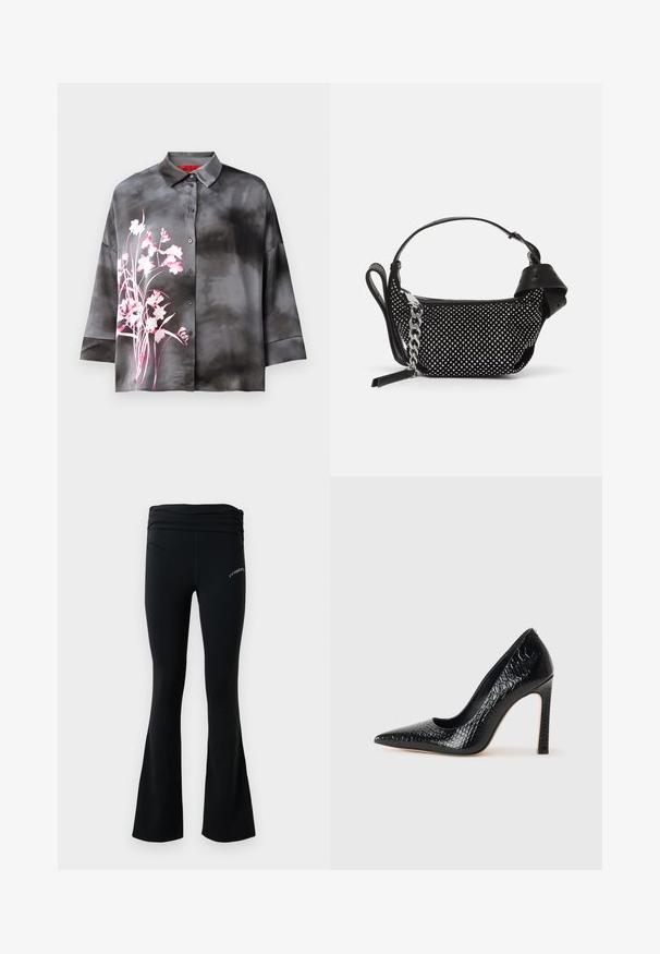 Satijnen blouse in grijs met een roze bloemenpatroon, voorzien van een knoopsluiting aan de voorkant, kraag en driekwart mouwen. Soepele textuur en ontspannen pasvorm.; Zwarte flare yoga broek met een gerimpelde tailleband en een klein wit logo op de bovenste dij, weergegeven tegen een effen witte achtergrond.; Zwarte puntige hoge hak schoen met een krokodillenleren textuur, met een slank ontwerp, hoge stiletto-hak, en een gladde zwarte binnenkant.; Zwarte handtas met een gestructureerd ontwerp, versierd met zilveren studs en een robuuste zilveren kettingband. Beschikt over een elegante, minimalistische vorm.