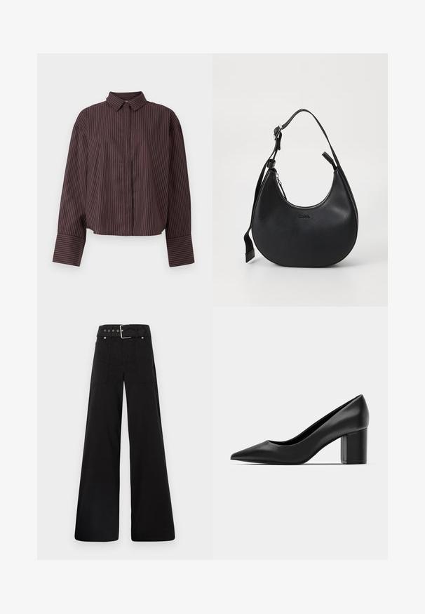 Kastad skjorta i mörkbrunt tyg med vertikala vita och blå ränder. Har klassisk krage och lång ärm med breda manschetter.; Svarta vida byxor i bomull med hög midja, stora sidofickor och bälte med silverdetaljer.; Svart läderklack med spetsig tå och en kraftig fyrkantig klack. Slät textur, enkel design, passar för formella sammanhang.; Svart läderaxelväska med en rundad form, dragkedjestängning och justerbar rem. Har ett präglat varumärkeslogo på framsidan.