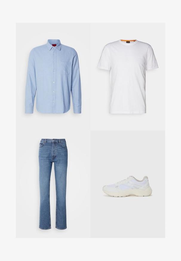 Camicia azzurro chiaro a maniche lunghe con bottoni, realizzata in tessuto testurizzato. Presenta un colletto con bottoni e una tasca sul petto sinistro con dettagli di cucitura discreti.; T-shirt bianco in cotone con collo rotondo, maniche corte e un logo a rilievo discreto sul petto. L'etichetta interna ha un accento arancione.; Jeans in denim blu con vita alta, design a gamba dritta e leggera sbiaditura. Presentano il classico stile a cinque tasche e chiusura con zip.; Scarpe da ginnastica bianche in mesh e suede, con una suola intermedia testurizzata, dettagli testurizzati e il logo "HUGO" sul lato.