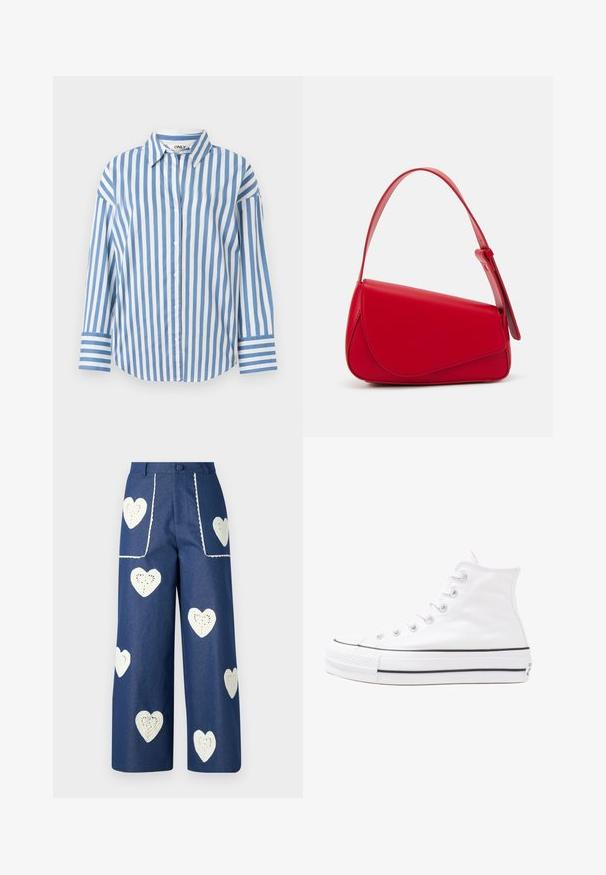 Striped button-up shirt in light blue and white, featuring a classic collar, long sleeves with contrasting cuffs, and a slightly curved hem.; Sister Jane HEART TO HEART - Straight leg jeans - blue denim; White high-top canvas sneaker with black rubber sole, front rubber toe cap, and six eyelets for laces, featuring a clean, minimalist design.; Red leather handbag with an angular, geometric design. Features a single adjustable strap and a flap closure with stitched detailing.