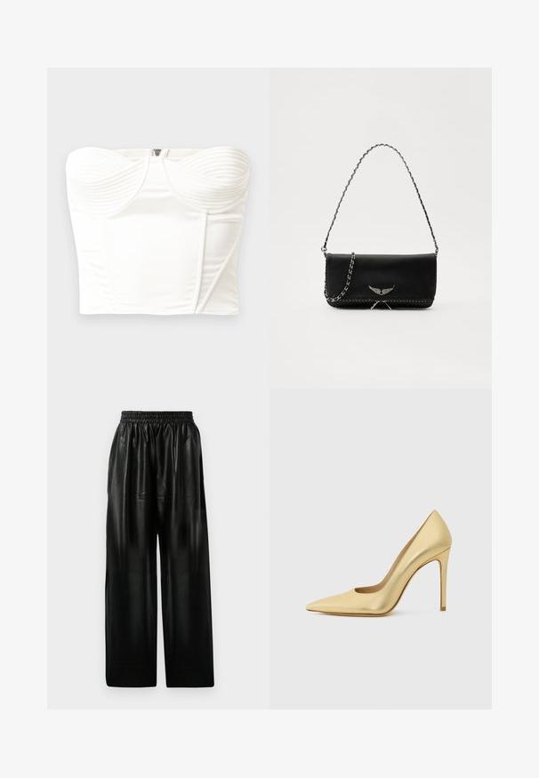 White strapless top with ribbed detailing at the bust, smooth satin finish, structured shape, and a hidden back zipper.; Black leather wide-leg pants with an elastic waistband, featuring two side pockets and a smooth, shiny texture.; Gold metallic pointed-toe high heel shoe with stiletto heel, shown from the side on a plain light background.; Black leather handbag with a silver chain strap, featuring decorative wing accents and white stitching along the bottom seam.