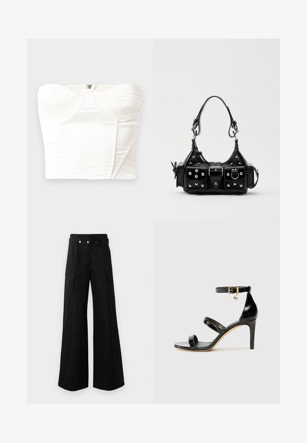 Fehér, ujjatlan top, bordázott részletekkel a mellen, sima selyemfényű anyagból, merevített fazonban, rejtett hátzipzárral.; Fekete, bő szárú nadrág magas derékkal, nagyméretű oldalsó zsebekkel, két elülső gombbal és hurok részlettel. Tartós anyagból készült.; Fekete lakk bőr szandál három pánttal, bokapánttal és 10 cm magasságú tűsarokkal. Arany színű részletekkel és logó charm-mal rendelkezik.; Fekete bőr kézitáska ívelt designnal, ezüst szegecsekkel, csattal és két oldalsó zsebbel. Állítható vállpánt a hordozási lehetőségekhez.