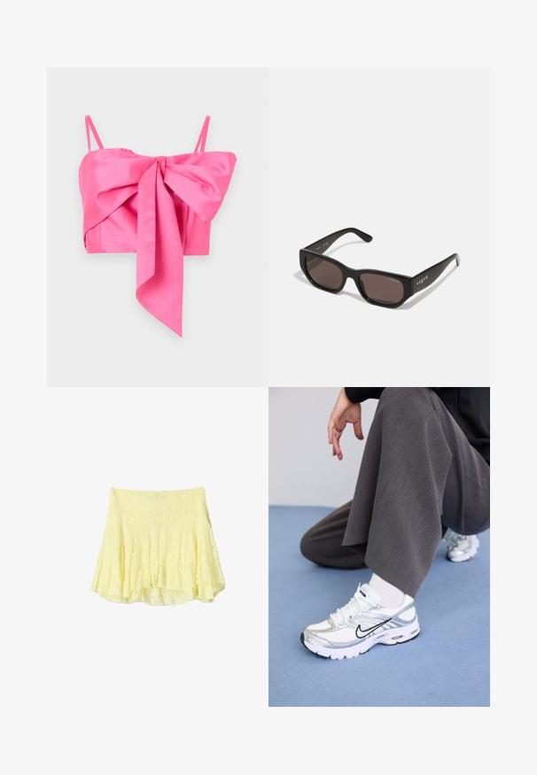 Ružový crop top s mašľou vpredu, vyrobený z hladkého materiálu s tenkými ramienkami a elegantným strihom.; Žltá rozšírená sukňa vyrobená z textúrovanej tkaniny, s vrstvovou konštrukciou a mierne nerovným lemom. Ľahký a vzdušný vzhľad.; Biele a strieborné športové topánky s jemnou sieťovinou a syntetickými materiálmi, so čiernymi akcentmi, šnúrkami a textúrovanými podrážkami.; Čierne obdĺžnikové slnečné okuliare s tmavými sklami. Majú hladký plastový rám a detail loga na bočnej časti. Čistý, moderný dizajn.; Bordová kabelka vyrobená z umelého materiálu so štruktúrovaným dizajnom, s odnímateľným popruhom a kvetinovou šatkou zviazanou na držadle.