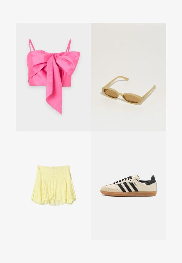 Pink cropped top featuring a bow detail at the front, made of a smooth fabric with thin straps and an elegant silhouette.; Yellow lace camisole with a tie-front detail, thin straps, and a flowing silhouette. Delicate texture and soft fabric create a lightweight appearance.; Yellow flared skirt made of textured fabric, featuring a layered design with a slightly uneven hem. Lightweight and airy appearance.; Beige athletic shoe with black stripes, gum rubber outsole, and black accents. Features a smooth leather upper and a rounded toe design.; Brown oval sunglasses with a light brown plastic frame. Slim temples and tinted lenses provide a sleek, minimalist design.