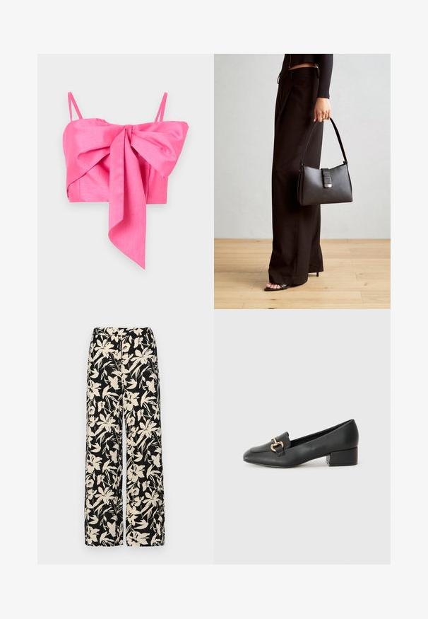 Rozā īss tops ar loku detaļu priekšpusē, izgatavots no gludas auduma ar plānām siksnām un elegantu siluetu.; Melni platie bikses ar krēmkrāsas ziedu rakstu. Izgatavotas no viegla auduma, kuram ir gluda tekstūra un augsta jostasvietas daļa.; Melnas ādas loafers ar plakanu papēdi, kurām priekšā ir dekoratīvs zelta aparatūras elements un gluda tekstūra.; Melnā somiņa ar strukturētu formu, gludu tekstūru un metālu sprādzi. Saskaņota ar platām melnām biksēm un sandālēm ar atvērtu purngalu uz koka grīdas.
