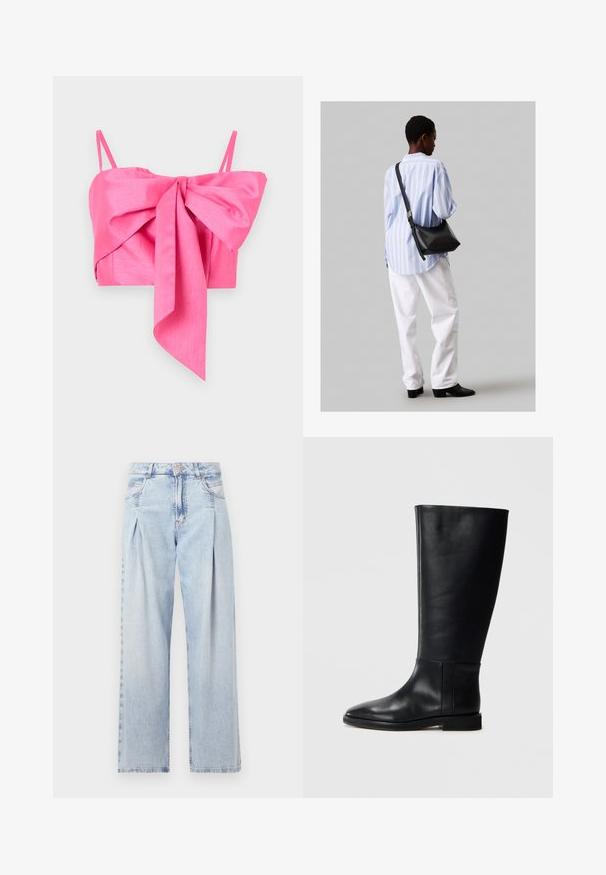 Rosa cropped topp med sløyfedetalj foran, laget av et glatt stoff med tynne stropper og en elegant silhuett.; Lyseblå denimjeans med høy livlinje, vide ben, to sidelommer og plisserte detaljer. Myk tekstur med en falmet finish.; Sorte skinnhøye støvler med rund tå, glatt tekstur, minimalistisk design og flat såle. Enkle sømdetaljer på skaftet.; Svart lær skulderveske med en myk tekstur, trekantet form og justerbar stropp, kombinert med en lyseblå stripete skjorte og hvite bukser.