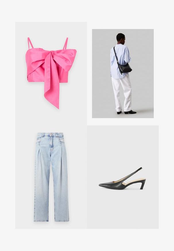 Rozā īss tops ar loku detaļu priekšpusē, izgatavots no gludas auduma ar plānām siksnām un elegantu siluetu.; Gaiši zilas džinsu bikses ar augstu jostasvietu, plats kāju griezumu, divām sānu kabatām un krokotā dizaina akcentiem. Mīksta tekstūra ar izdilušu apdari.; Melna, ar smailu purngalu, slingback kurpe ar zemu papēdi, izgatavota no gludas ādas materiāla un ar izgriezumiem sānos gaisa caurlaidībai.; Melna ādas plecu soma ar mīkstu tekstūru, trīsstūra formu un regulējamu siksnu, apvienota ar gaiši zilu svītrotu krekli un baltām biksēm.