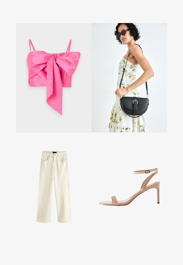 Rosa kort top med en sløjfedetalje fortil, lavet af et glat stof med tynde stropper og en elegant silhuet.; Bredbenede bukser i en lys beige denim, med knaplukning, fem lommer og en glat tekstur. Enkel og moderne design.; Next FOREVER COMFORT SIMPLE - Sandaler - nude; Sort læderhåndtaske med en buet form, aftagelig rem og guldfinish. Tasken har en klap med en spænde detalje.