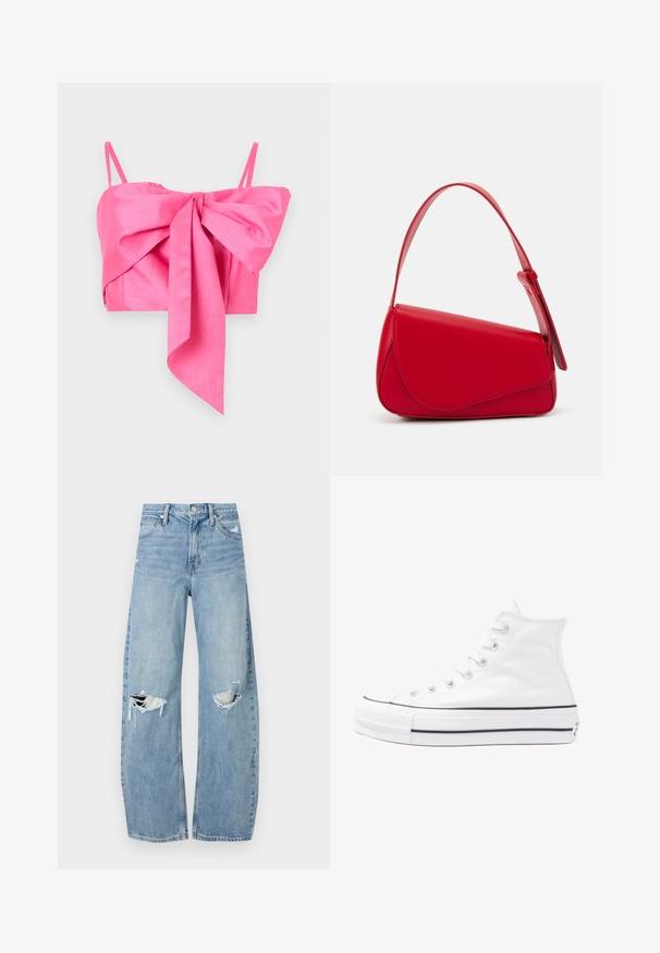 Pink cropped top featuring a bow detail at the front, made of a smooth fabric with thin straps and an elegant silhouette.; Light blue, high-waisted jeans made of denim. Feature wide legs, two torn knee areas, and classic five-pocket styling.; White high-top canvas sneaker with black rubber sole, front rubber toe cap, and six eyelets for laces, featuring a clean, minimalist design.; Red leather handbag with an angular, geometric design. Features a single adjustable strap and a flap closure with stitched detailing.