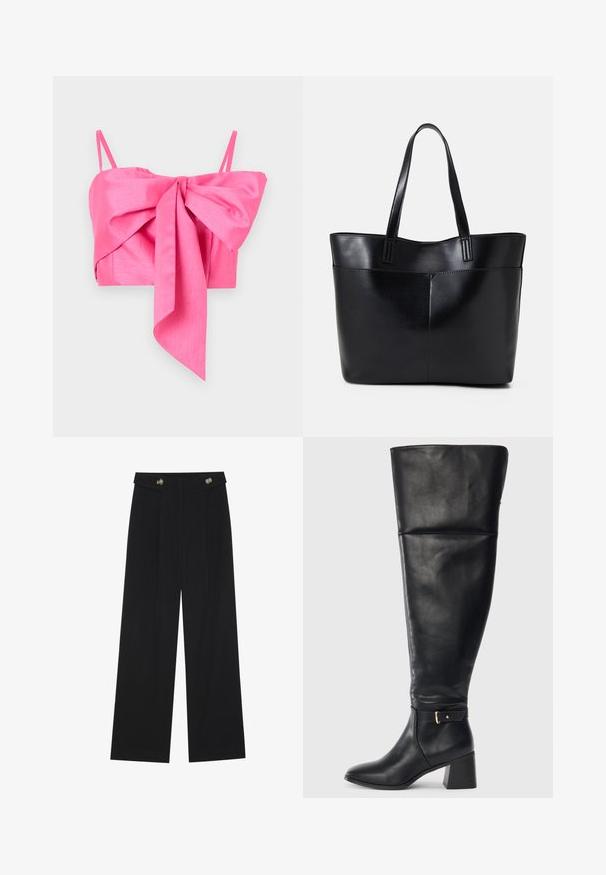 Rozā īss tops ar loku detaļu priekšpusē, izgatavots no gludas auduma ar plānām siksnām un elegantu siluetu.; Melnas platās bikses ar augstu jostasvietu, pogu detaļām uz jostas un priekšējām krokām.; Melna ādas līdz ceļiem zābaks ar blokveida papēdi un dekoratīvu jostu ar zelta sprādzi virs potītes, sānu skats uz baltā fona.; Melnas ādas iepirkumu soma ar divām garām rokturām, gludu tekstūru un strukturētu formu. Iekļauj priekšējo kabatu papildu uzglabāšanai.