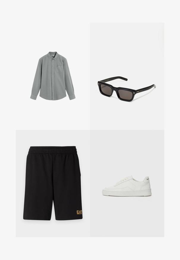 Chemise grise à manches longues avec poche poitrine et col boutonné, étalée à plat sur un fond blanc.; Shorts de sport noirs en tissu doux, avec une taille élastique et un petit logo jaune EA7 sur le bas de la jambe gauche.; Baskets en cuir blanc avec une finition lisse, bout arrondi, lacets plats et semelle texturée. Présente un logo discret sur le talon.; Lunettes de soleil noires rectangulaires avec des verres foncés, monture en plastique épais, accents dorés sur les branches et logo de la marque gravé sur le bras.