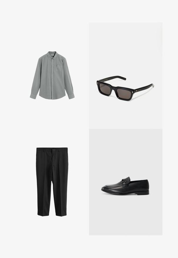 Long-sleeve gray button-up shirt with chest pocket and button-down collar, laid flat on a white background.; Next REGULAR FIT - Suit trousers - black; Black leather loafers with a sleek shape, featuring a textured upper and a decorative strap with a metal buckle. Flat heel, minimal design.; Black rectangular sunglasses with dark lenses, thick plastic frame, gold accents on temples, and brand logo engraved on the arm.