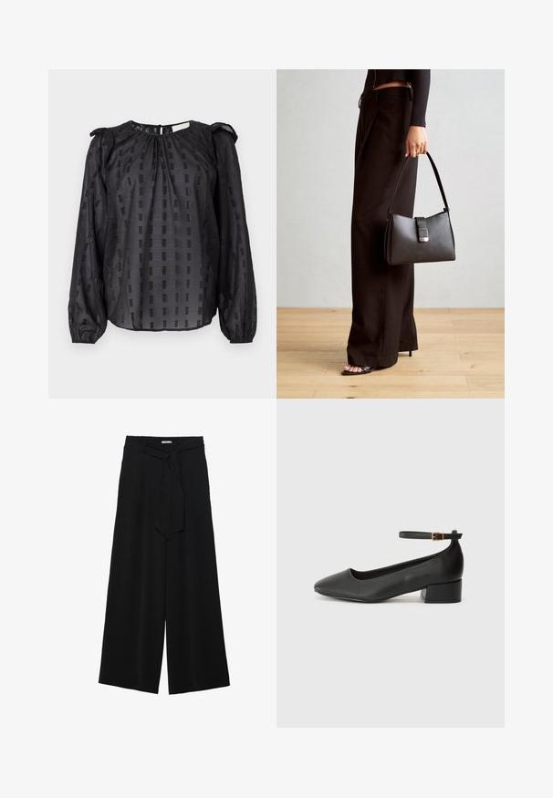 Blusa nera a maniche lunghe con un motivo testurizzato a quadri, scollatura arricciata e maniche puff con polsini elastici.; Pantaloni neri a gamba larga caratterizzati da un tessuto testurizzato, una vita elastica e una cintura staccabile per una vestibilità regolabile.; Pump in pelle nera con punta affusolata e tacco basso a blocco. Presenta una cinghia alla caviglia con una fibbia in tonalità oro. Texture liscia.; Borsa nera con forma strutturata, texture liscia e una chiusura metallica. Abbinata a pantaloni neri larghi e sandali open-toe su un pavimento in legno.