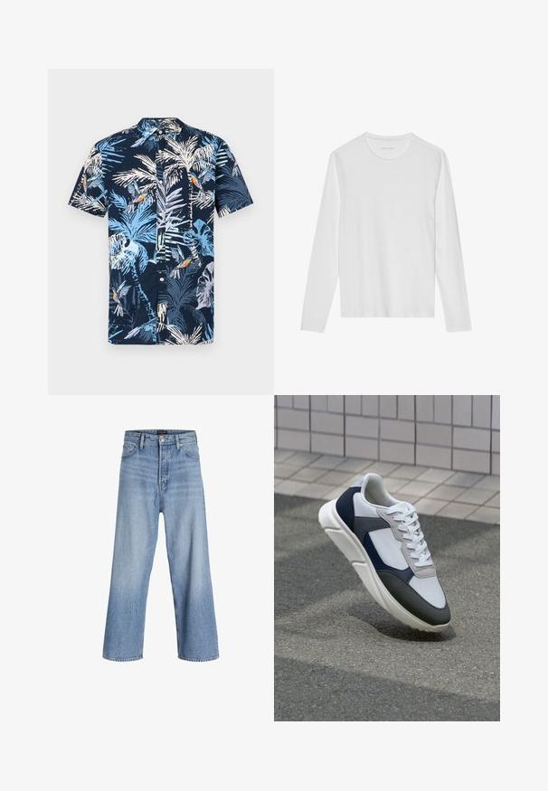 Rövid ujjú ing, tengerészkék háttérrel, világoskék pálmalevelekkel és színes madarakkal díszítve. Gombos gallér.; Hosszú ujjú fehér póló, puha anyagból, kerek nyakkivágással és sima, díszítés nélküli dizájnnal.; Világoskék farmer széles lábú nadrág magas derékkal, gombos zipzárral, öt zsebes kialakítással és enyhe kopással. Tiszta szegélyek.; Fehér, tengerészkék és szürke sneaker vegyes anyagokból készült dizájnnal, amely textúrázott felsőrésszel, lapos fűzőkkel és párnázott talppal rendelkezik.
