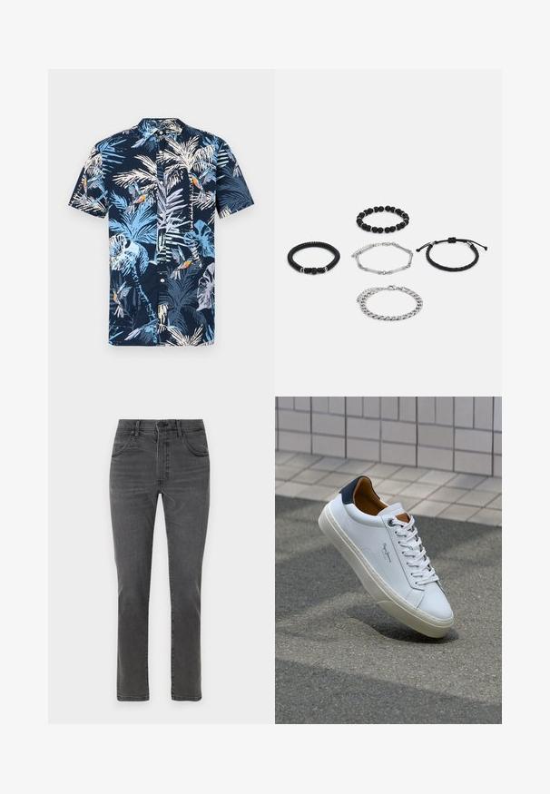 Korte mouwen shirt met een marineblauwe achtergrond en een tropisch patroon van lichtblauwe palmbladeren en kleurrijke vogels. Met een knoopsluiting bij de kraag.; Grijze denim jeans met een rechte pijp, vijf zakken en een ritsluiting aan de voorkant. Heeft subtiele vervaging en contrasterende stiksels.; Witte leren sneaker met een marineblauwe hiel, ronde neus en contrasterende bruin accent. Beschikt over platte veters en een gestructureerde rubberen zool.; Vijf armbanden: twee armbanden van zwarte kralen, een gestructureerde zwarte koord, een zilveren ketting en een gevlochten zwarte koord met een verstelbare sluiting.