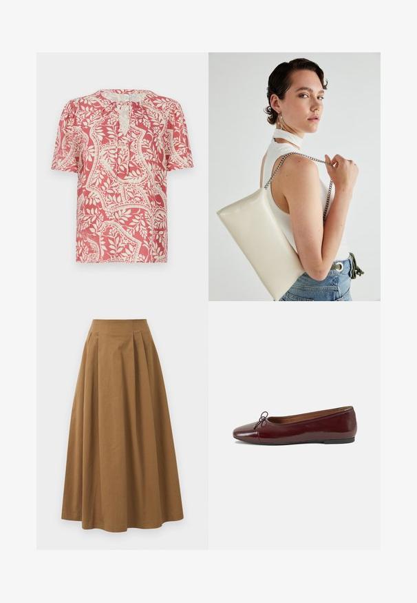 Kratka majica s kratkimi rokavi v svetlo rdeči barvi s smetanasto cvetličnim in geometrijskim vzorcem, ki ima vratno odprtino v obliki ključavnice ter mehko in lahko tkanino.; Rjava bombažna A-linijska krila z visokim pasom, ki vključuje naborke spredaj in gladko teksturo. Robovi so čisti in preprosti.; Burgundska patenti usnjeni baletni čevlji z zaobljenim prstom, majhnim lokom na sprednji strani in nizkim črnim gumijastim podplatom. Gladka tekstura.; Bela pravokotna torbica za ključe iz sijajnega materiala, opremljena s srebrno verižico. Model pozira in prikazuje torbico na enobarvni podlagi.