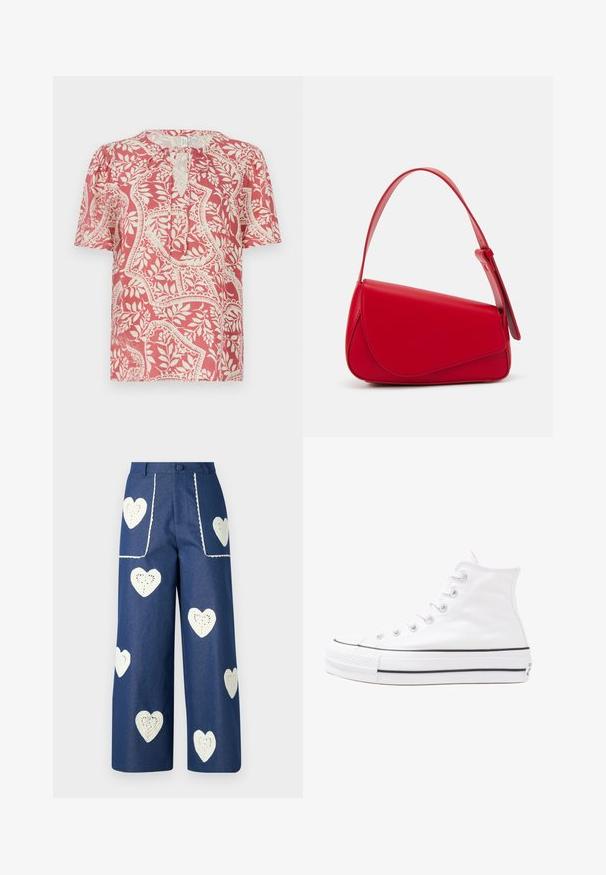 Blusa a maniche corte di un leggero rosso con motivo floreale e geometrico crema, caratterizzata da un collo a chiave e tessuto morbido e leggero.; Sister Jane HEART TO HEART - Jeans a sigaretta - blue denim; Sneaker alta in tela bianca con suola in gomma nera, punta in gomma frontale e sei asole per i lacci, caratterizzata da un design pulito e minimalista.; Borsa a tracolla in pelle rossa con un design angolare e geometrico. Presenta una singola tracolla regolabile e una chiusura a patta con dettagli cuciti.