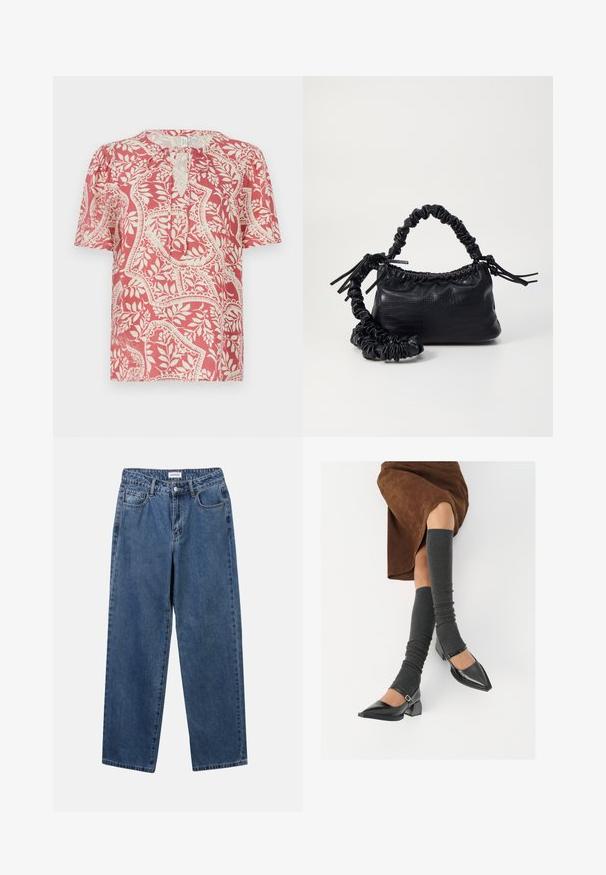 Šviesiai raudona trumpomis rankovėmis bliuska su kremine gėlių ir geometrine raštais, turinti rakto skylutės iškirptę ir minkštą, lengvą audinį.; Klasikiniai mėlynos džinsinio audinio džinsai su tiesiomis kojomis, penkiomis kišenėmis ir mygtukų uždarymu. Pasižymi vidutiniu skalbimu ir tvirtu audiniu.; Juodi lakuoti odiniai batai su aštriu kuma ir bloko kulnu, derinami su pilkais riebiais kojų šildytuvais ir rudais zomšiniais sijonais.; Juodas dirbtinės odos rankinė su krokodilo tekstūra, sušnibždinta viršuje ir susikraipytu dirželiu. Atrodo minkšta ir kompaktiška.