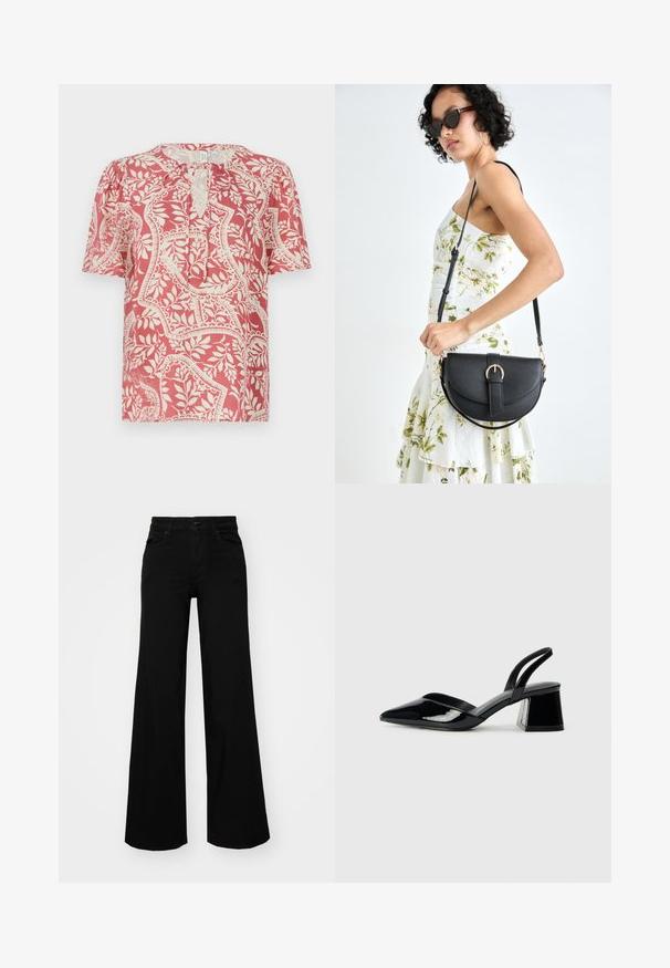 Krátký rukáv blůza ve světle červené barvě s krémovým květinovým a geometrickým vzorem, s klíčkovým výstřihem a jemnou, lehkou tkaninou.; Černé široké kalhoty vyrobené z denimu, s pevným pasem, poutky na opasek a předními kapsami. Hladká textura s klasickým designem.; Černé lakované kožené lodičky na pásku s špičatou špičkou a geometrickým blokovým podpatkem. Vyznačují se elegantním, minimalistickým designem a hladkým povrchem.; Černá kožená kabelka s křivkovým tvarem, odnímatelným popruhem a zlatými detaily. Kabelka má klopu s přezkou.