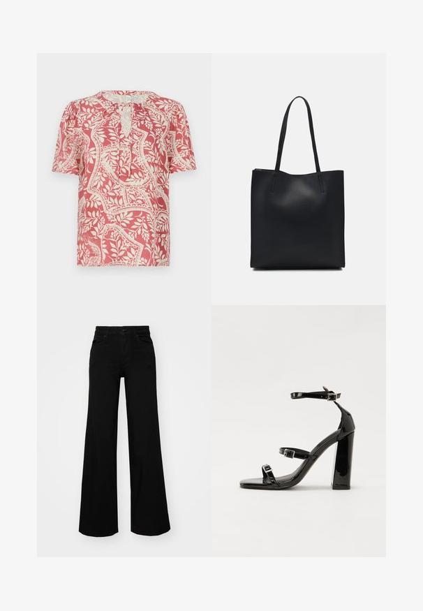 Blusa de mangas curtas em vermelho claro com padrão floral e geométrico em creme, apresentando um decote em forma de lágrima e tecido leve e suave.; Calças largas pretas em denim, com uma cintura estruturada, passantes para cinto e bolsos frontais. Textura suave com um design clássico.; Sandálias de tacão preto laqueadas com bico quadrado, tiras para o tornozelo e fivelas prateadas. Apresentam um salto bloco chunky para estabilidade.; Bolsa tote preta em couro com textura lisa, forma retangular e duas alças longas. Sem hardware ou enfeites visíveis.