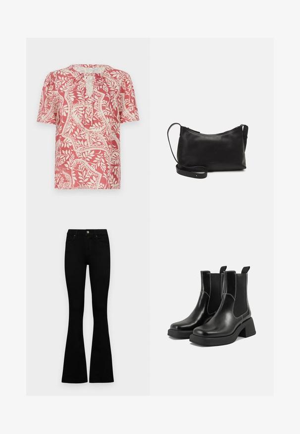 Short-sleeve blouse in light red with cream floral and geometric pattern, featuring a keyhole neckline and soft, lightweight fabric.; Black high-waist jeans with a button and zip closure, front pockets, and flared legs laid flat on a white background.; Black leather Chelsea boots with a chunky heel, elastic side panels, and contrasting white stitching. Textured finish.; Black leather shoulder bag with a smooth texture, curved shape, adjustable strap, and a zip closure. Minimalist design without embellishments.