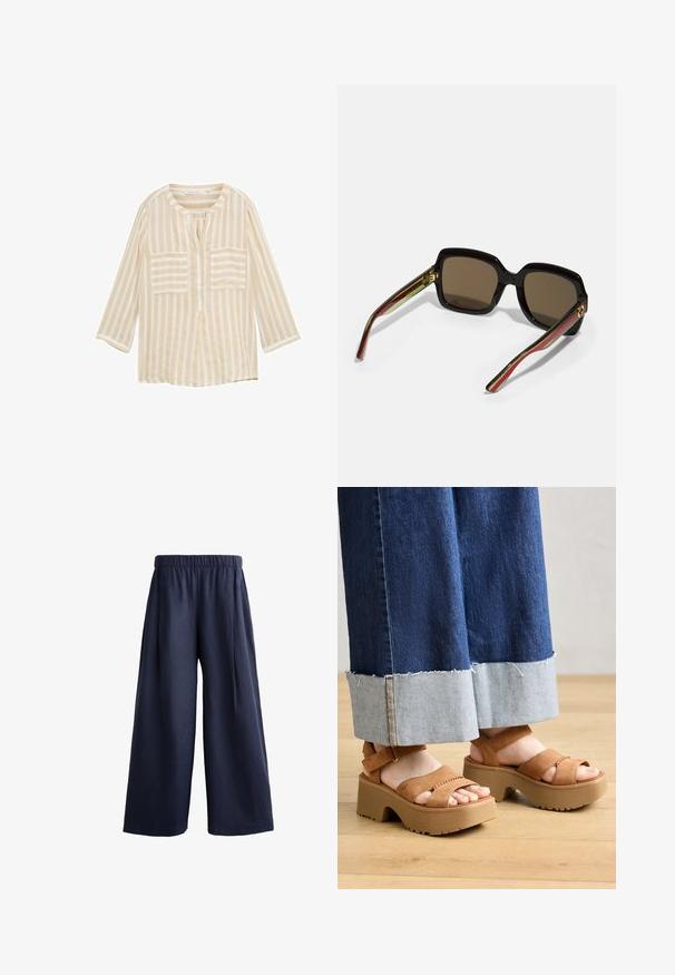 Beige gestreifte Bluse mit rundem Ausschnitt, drei Viertelärmeln, zwei vorderen Taschen und einer mittigen Knopfleiste. Hergestellt aus leichtem Stoff.; Marinefarbene weite Hosen aus leichtem Stoff mit elastischem Taillenbund und zwei seitlichen Taschen, die eine glatte Textur und eine gerade Silhouette aufweisen.; Braune Wildleder-Plateausandalen mit doppelten Riemen, ausgestattet mit einer strukturierten Sohle und einem dicken, konturierten Absatz. Getragen mit Jeanshosen.; Schwarze übergroße Sonnenbrille mit braunen Gläsern. Merkmale sind einzigartige gestreifte Bügel in Grün und Rot sowie goldene Hardware-Akzente. Quadratische Form.