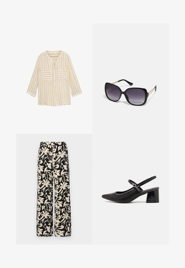 Világosbarna csíkos blúz kerek nyakkivágással, háromnegyedes ujjakkal, két elülső zsebbel és középső gombolással. Könnyű anyagból készült.; Fekete, bő szárú nadrág krém színű virágmintával. Könnyű anyagból készült, sima tapintású és magas derékrésszel rendelkezik.; Fekete lakk bőr, pántos magassarkú cipő, hegyes orral, lekerekített kivágással és tömbsarkal. Arany színű csat díszíti.; Fekete, oversize napszemüveg fokozatos árnyalatú lencsékkel, vastag kerettel és arany színű lánc díszítéssel a szárakon.; Fekete kézi táska strukturált formával, sima textúrával és fémből készült záródással. Széles fekete nadrággal és nyitott orrú szandállal párosítva, fából készült padlón.