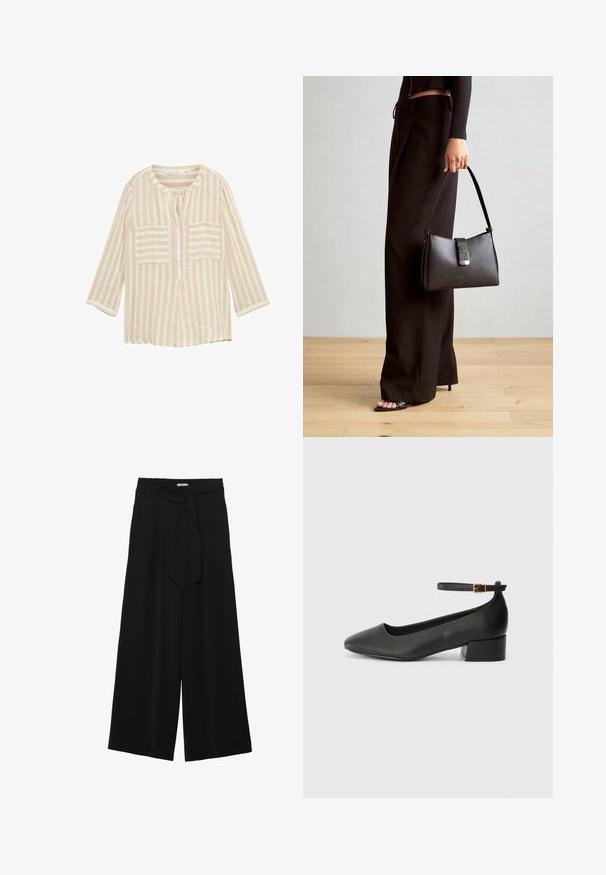 Beige gestreifte Bluse mit rundem Ausschnitt, drei Viertelärmeln, zwei vorderen Taschen und einer mittigen Knopfleiste. Hergestellt aus leichtem Stoff.; Schwarze weite Hosen aus strukturiertem Stoff, mit elastischem Bund und einem abnehmbaren Bindegürtel in der Taille für eine verstellbare Passform.; Schwarze Lederpumps mit spitzem Zehenbereich und niedrigem Blockabsatz. Mit einem Knöchelriemen und einer goldfarbenen Schnalle. Glatte Textur.; Schwarze Handtasche mit strukturierter Form, glatter Textur und einem metallischen Verschluss. Kombiniert mit weiten schwarzen Hosen und offenen Sandalen auf einem Holzboden.