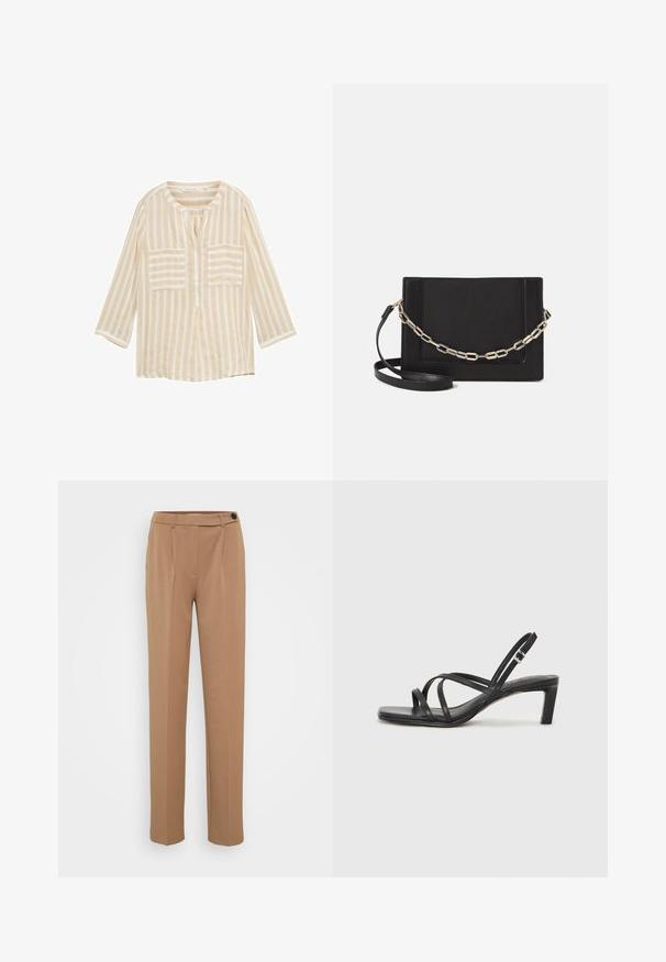 Beige gestreepte blouse met een ronde halslijn, driekwartmouwen, twee voorzakken en een centrale knoopsluiting. Gemaakt van lichte stof.; Bordeaux op maat gemaakte broek met een rechte pijp, uitgerust met een enkele knoopsluiting en geplooide voorkant. Soepele textuur, minimalistische stijl.; Zwarte sandaal met bandjes, vierkante teen en een lage blokhak. Voorzien van meerdere dunne bandjes en een verstelbare enkelband. Gemaakt van zacht leer.; Zwarte leren schoudertas met een gladde textuur, rechthoekige vorm en een metallic kettingdetail aan de voorkant. Verstelbare schouderband inbegrepen.