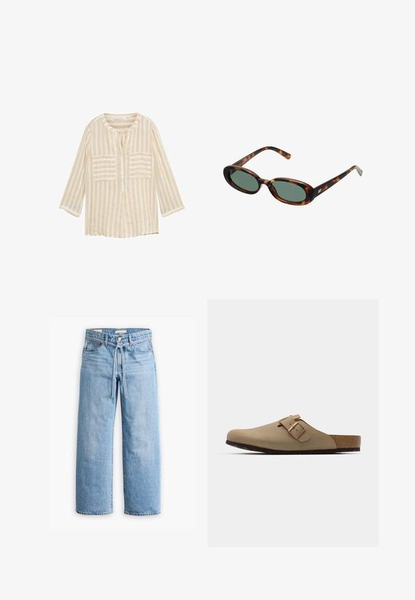 Beige gestreifte Bluse mit rundem Ausschnitt, drei Viertelärmeln, zwei vorderen Taschen und einer mittigen Knopfleiste. Hergestellt aus leichtem Stoff.; Hellblaue Jeans im weiten Schnitt mit hoher Taille, Knopf- und Reißverschluss sowie einer Kordelzugdetails an der Taille. Roh geschnittener Saum.; Beige Clogs mit einer abgerundeten Zehenpartie, verstellbarem Schnallenakzent und Korkfußbett. Strukturierte Oberfläche mit einer schwarzen Gummisohle für besseren Halt.; Schildpatt-Sonnenbrille mit ovalen Rahmen und grünen Gläsern. Verfügt über dünne Bügel mit einem metallischen Akzent in der Nähe der Scharniere.