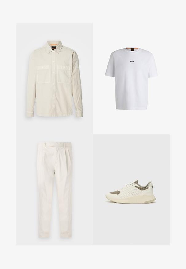 BOSS LOCKY - Marškiniai - light beige; Balta medvilninė marškinėliai trumpomis rankovėmis, su juodu "BOSS" logotipu, centruotu ant krūtinės, ir apvaliu kaklo dizainu.; Balti, susiūtos kelnes, turinčios pritaikytą siluetą, pasižyminčias lygia tekstūra, dirželio kilpomis ir siaurėjančiomis kojomis. Nėra matomų kišenių ar raštų.; Baltas ir šviesiai bežinis sportinis kedas, su tinklo viršumi, perforuotais detalėmis ir tekstūruotu tarpine su logotipu ant kulno.