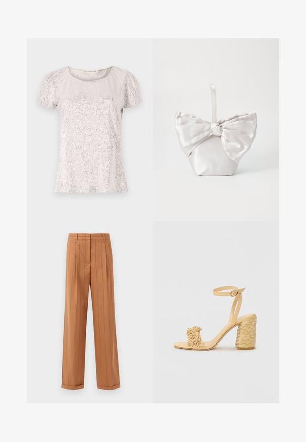 Kratka majica s kratkimi rokavi v svetlem bež odtenku z teksturno površino okrašeno s paščki, z okroglo izrezom in nabranimi rokavi.; Svetlo rjave hlače s pinstripes vzorcem, ki imajo krojen obliko, vključujejo pregibe, ravno krojenje in manšetasti rob. Narejene so iz gladkega materiala.; Beige sandala na visokom potplatu s pletenom teksturom, s dekorativnim cvijetom i remenom oko gležnja. Kvadratna peta osigurava stabilnost.; Satin torbica v beli barvi, z velikim povojem spredaj. Torbica ima strukturirano obliko in kratko, gladko ročico.