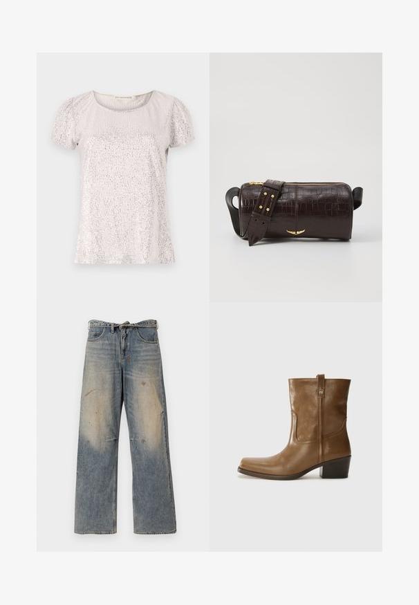 Top de manga corta en beige claro con una superficie texturizada adornada con lentejuelas, con cuello redondo y mangas fruncidas.; Jeans de mezclilla azul claro con un diseño suelto y de pierna recta. Presentan desvanecidos, desgaste y detalles rasgados cerca de las rodillas. Estilo clásico de cinco bolsillos.; Botín de cuero marrón hasta el tobillo, con punta cuadrada, acabado texturizado y un tacón bajo apilado. Presenta una pestaña trasera y detalles de costura sutiles.; Bolso de cuero marrón con estampado de cocodrilo, de forma cilíndrica, con herrajes en tono dorado y una correa desmontable con tachuelas.