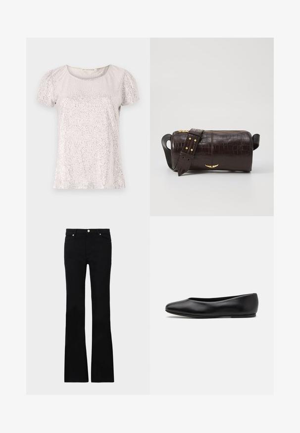 Krótki rękaw top w jasnym beżu z teksturowaną powierzchnią ozdobioną cekinami, z okrągłym dekoltem i marszczonymi rękawami.; Czarne dzwony z denimu, z dwoma przednimi kieszeniami, zapięciem na guzik i gładką fakturą. Widoczne charakterystyczne szycie na szwach.; Paul Smith TOPANGA czarny; Brązowa torba ze skóry z tłoczeniem krokodyla w kształcie cylindrycznym, z metalowymi elementami w kolorze złotym oraz odczepianym paskiem z ćwiekami.