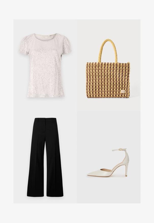 Kurzarmpullover in hellbeige mit strukturiertem Oberflächen, verziert mit Pailletten, runder Halsauschnitt und gerafften Ärmeln.; Schwarze weite Hosen mit glatter Textur, strukturiertem Bund und vorderen Falten. Minimalistisches Design ohne sichtbare Beschläge.; Weiße Leder-Pumps mit spitz zulaufender Zehe, Knöchelriemen und schlanker Stiletto-Absatz. Glatte Oberfläche mit dezent glänzendem Finish.; Gewebte Tasche in Braun und Gelb, mit rechteckiger Form, zwei Tragriemen und einer strukturierten Oberfläche mit sichtbaren Nähten und einem Markenschild.