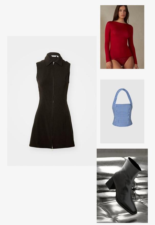 Top corto in gingham blu e bianco con un corpetto strutturato, collo all'americana e spalline larghe, che presenta una superficie di tessuto liscia e una silhouette aderente.; Abito nero senza maniche con colletto e chiusura frontale con zip, realizzato in tessuto liscio con silhouette aderente e orlo svasato.; Intimissimi U-BOOT-AUSSCHNITT - Maglietta a manica lunga - rosso; Stivale alla caviglia nero realizzato in materiale lucido con punta quadrata e tacco affusolato, posizionato su uno sfondo argentato lucido con imbottiture a sfera.