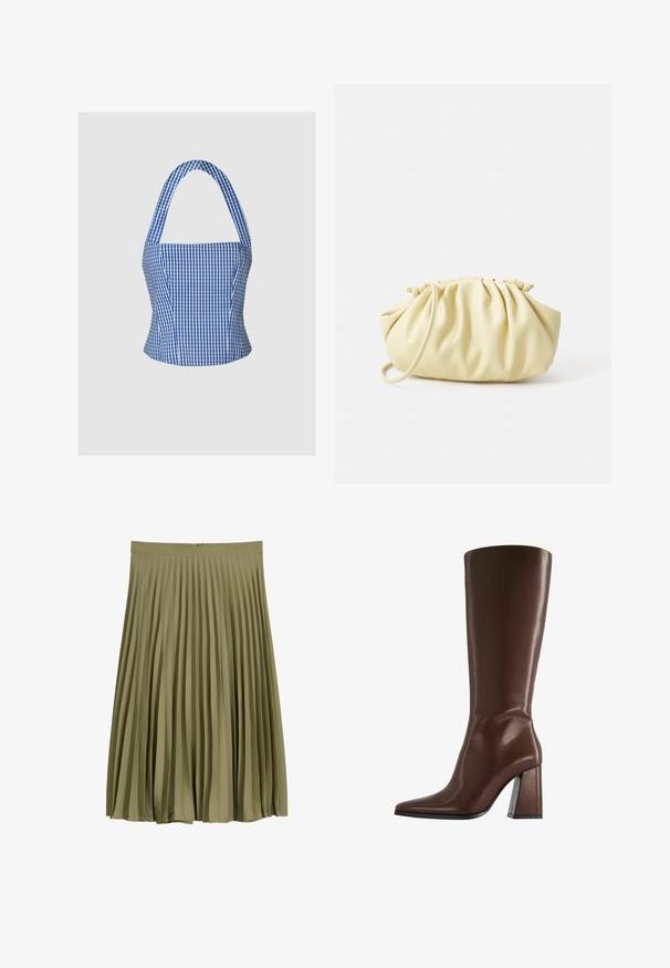 Blaue und weiße Gingham-Crop-Top mit strukturiertem Oberteil, Halterneck und breiten Trägern, ausgestattet mit einer glatten Stofftextur und taillierter Silhouette.; Olivgrüner Midilanger, plissee-Rock mit einem Taillenbund und einem verdeckten Reißverschluss auf der Rückseite.; Brauner kniehoher Lederstiefel mit spitzer Zehe und klobigem mittelhohem Absatz, Seitenansicht vor weißem Hintergrund.; Gelbe, gefaltete Handtasche aus glattem Kunstleder mit weicher Form, einzigem Schulterriemen und gerafftem Oberteil.