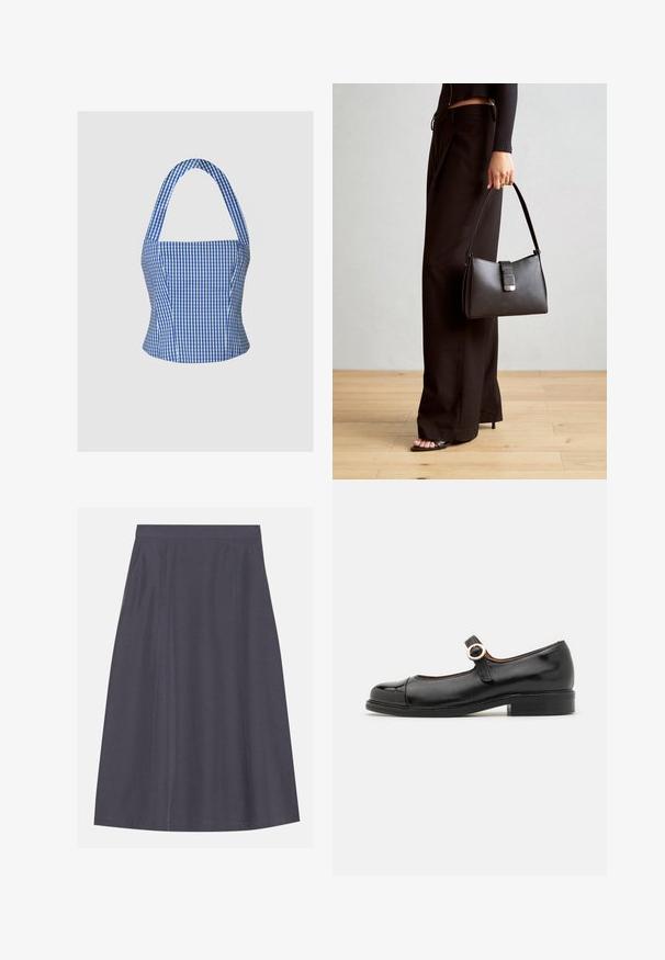 Niebieski i biały crop top w kratkę z usztywnionym gorsetem, z halter neck i szerokimi ramiączkami, charakteryzujący się gładką fakturą materiału i dopasowanym krojem.; Spódnica w kształcie litery A w ciemnoszarym kolorze, wykonana z gładkiego materiału, z bocznymi kieszeniami, charakteryzująca się czystym pasem i subtelnymi przeszyciami.; Czarne lakierowane buty Mary Jane z okrągłym czubkiem, płaskim obcasem i paskiem ozdobionym złotą okrągłą klamrą. Gładka tekstura i wypolerowane wykończenie.; Czarna torebka o usztywnionym kształcie, gładkiej fakturze i metalowym zapięciem. Połączona z szerokimi czarnymi spodniami i sandałami na otwartym palcu na drewnianej podłodze.